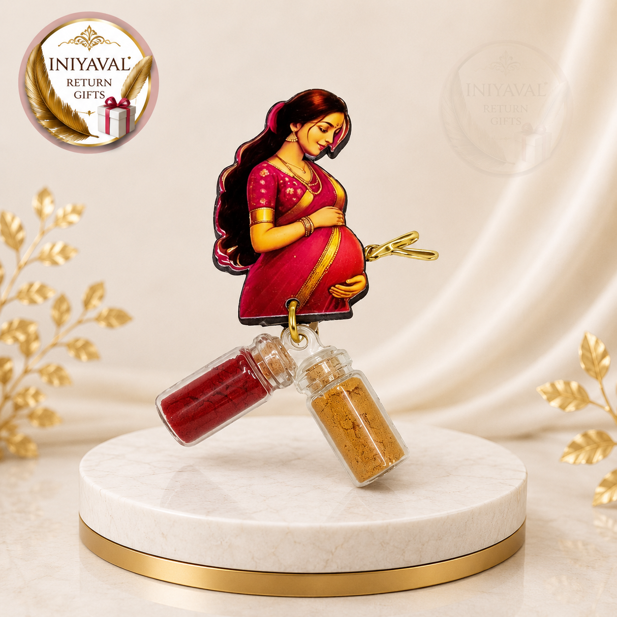 MDF Pregnant Woman Fridge Magnet with Haldi Kumkum Miniature Glass Bottles