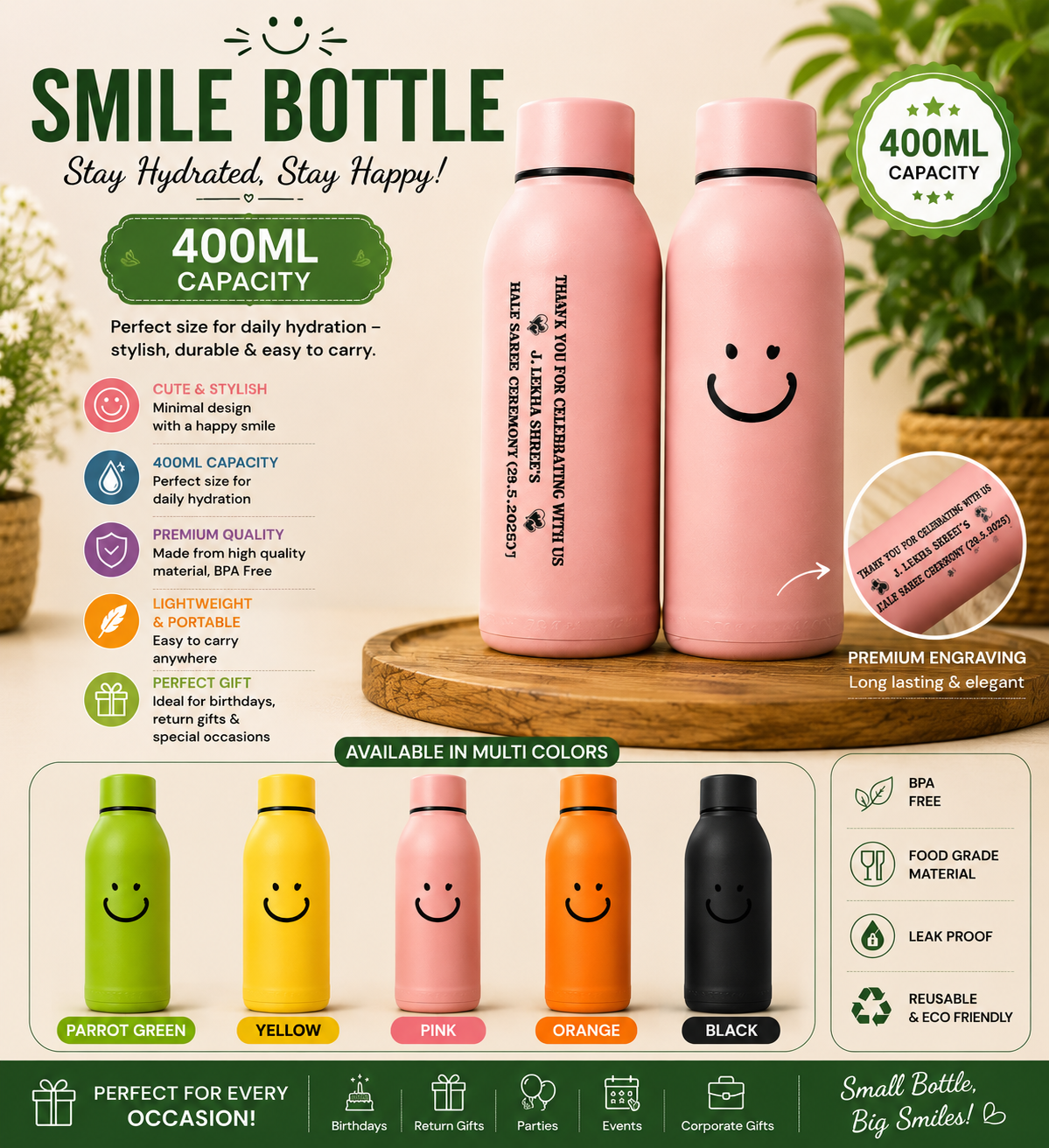 Smiley Glass Personalized Water Bottle